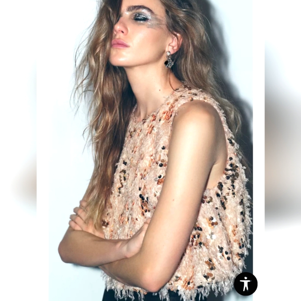 Zara Blush Sequin Fringe Tank Top